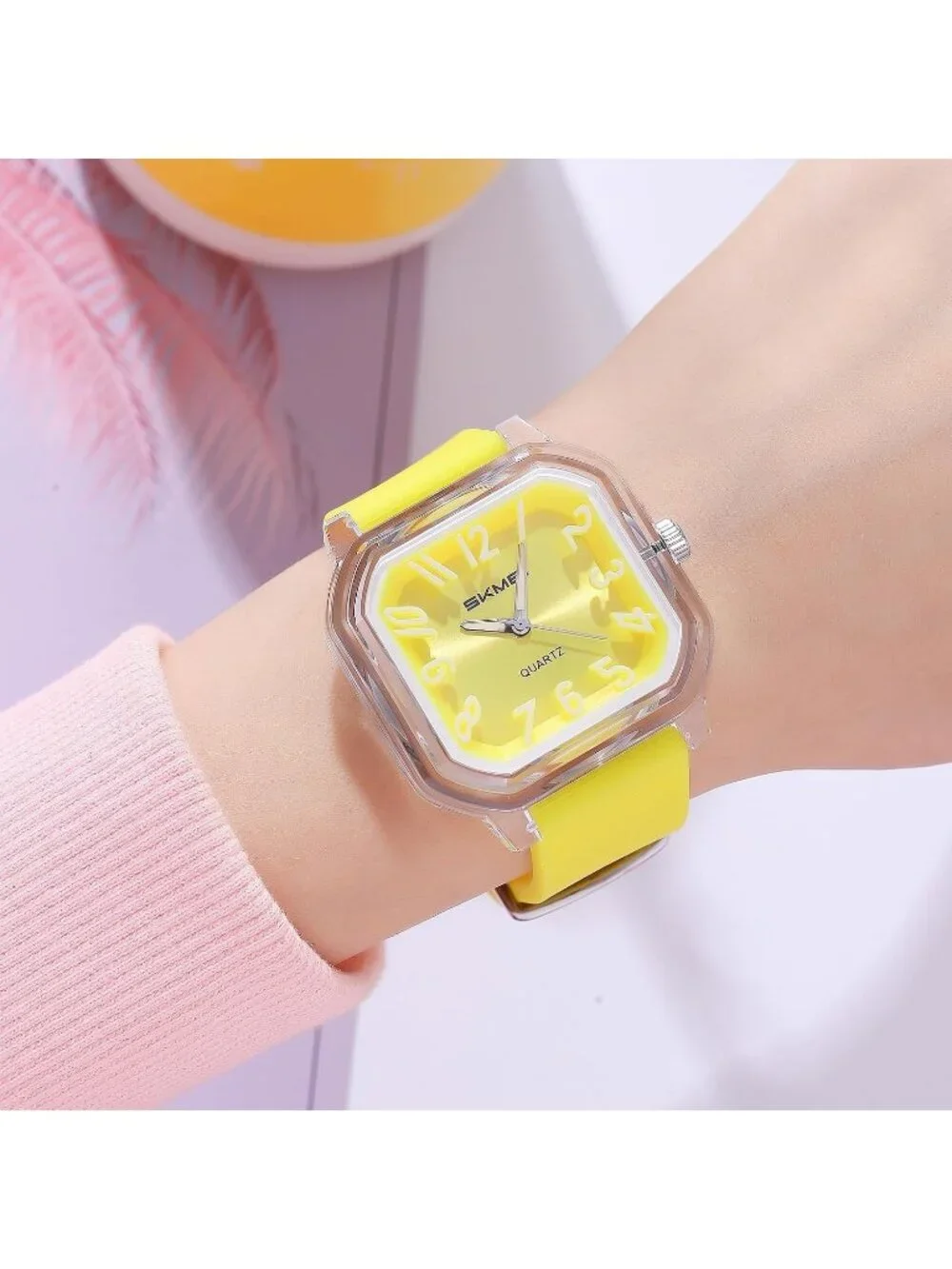 Women’s Yellow Big Arabic Numbers Silicone Strap Analog Square Wrist Watch